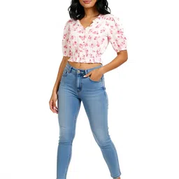 glitchez Floral Print Ruffle Trim Smocked Cotton Blouson Crop Top image 5