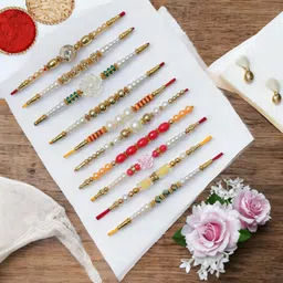 leafblu Thread DESIGNER BEST RAKHI (EG) PACK OF 10 Assorted Rakhi, Greeting Card, Chawal Roli Pack Set-picture-22