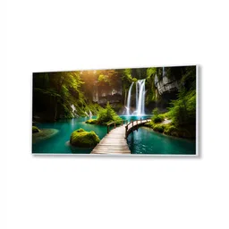 nestroots White Canvas Framed Enchanting Waterfall with Scenic Bridge Wall Painting(24X48 Inch) image 3