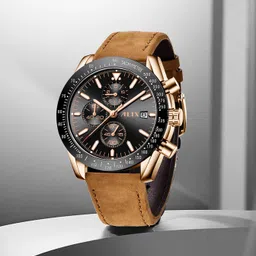 alix Sophisticated black dail with a brown leather strap Analog Watch - For Men AL3014 Chrongraph with date window image 1