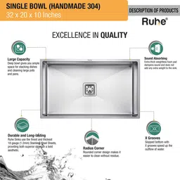 Ruhe Handmade 304 Stainless Steel Single Bowl 32x20x10 Inches Kitchen Sink Included Brushed Matte Finish | Strainer-Basket/Sink Coupling/Waste Pipe Vessel Sink image 4