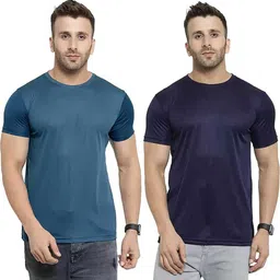 rivaaz collection Pack of 2 Men Solid Round Neck Nylon Blue, Black T-Shirt-picture-12