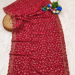 tathastufab Velvet Embroidered, Embellished Red Women Dupatta image 2