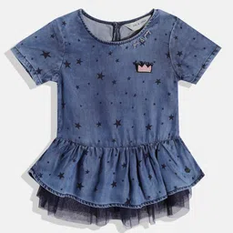 Gini and Jony Girls Blue Geometric Print Chambray Frill Layered A-Line Top & Brooch-picture-12