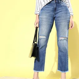 Roadster Women Blue Straight Fit Slash Knee Cotton Light Fade Jeans-image-93