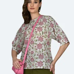 Zink London White & Pink Cotton Floral Print Top-picture-18