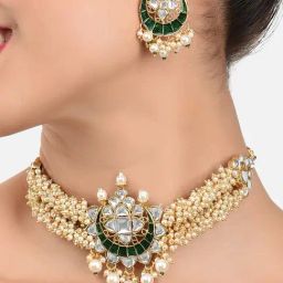 Zaveri Pearls Green Meenakari Clustered Pearls Patta Kundan Choker Necklace & Earring Set-ZPFK10236-picture-32