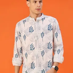 V-Mart Floral Printed Mandarin Collar Slim Fit Cotton Shirt-picture-25