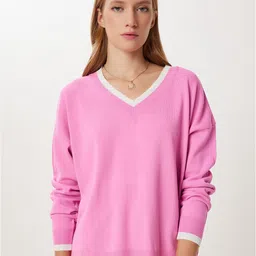 Happiness istanbul Women Colourblocked V-Neck Long Sleeves Pullover Sweaters-picture-16