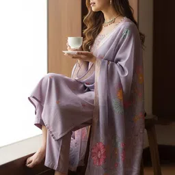 Indo Era Floral Printed Thread Work Straight Kurta With Trousers & Dupatta-picture-26