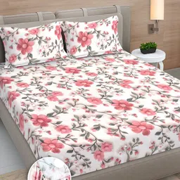 Myntra Elegant Homes White & Pink Floral 300 TC King Bedsheet with 2 Pillow Covers-picture-19