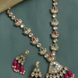 OOMPH Pink Beads with Kundan Long Necklace Set with Earrings-picture-46
