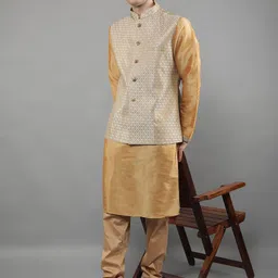 Manish Creations Woven Design Mandarin Collar Straight Kurta with Churidar & Nehru jacket image 2