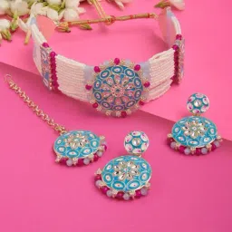 Zaveri Pearls Turquoise Blue Enamel Pink Multistrand Choker Necklace Earring Maangtikka-ZPFK14721-picture-38