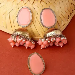 Zaveri Pearls Peach Stone & Dangling Beads Jhumki Earring & Ring Set-ZPFK14841-image-43