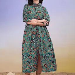 PURVAJA Floral Print Shirt Collar Puff Sleeve Fit & Flare Maxi Dress-picture-42