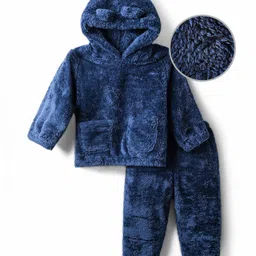 Kookie Kids Fur Woven Hooded Winter Night Suit With Ear & Pocket Detailing - Navy Blue-picture-28