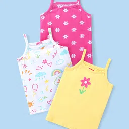 Babyhug 100% Cotton Knit Singlet Sleeves Slips With Floral Print Pack of 3 -Yellow Pink & White-picture-38