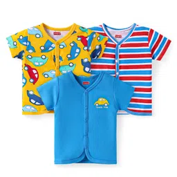 Babyhug 100% Cotton Knit Half Sleeves Front Open Vests With Car Print Pack of 3 - Blue Red & Yellow-picture-29