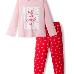 Honeyhap Premium Cotton Knit Full Sleeves Bio Finish Night Suit With Text Print - Gossamer Pink & Red Alert-image-41