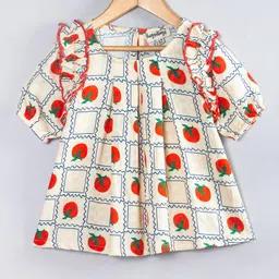 Hugsntugs Cotton Woven Half Sleeves Tomatoes Printed Top - Off White & Red-picture-38