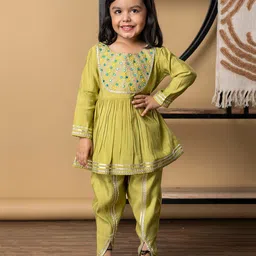 READIPRINT Silk Woven Full Sleeves Floral Embroidered Mirror Work Detailed Gota Lace Embellished Kurti Dhoti Set - Green-picture-12