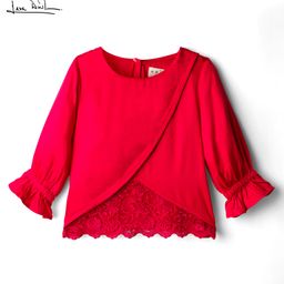arias by lara dutta Arias Woven Three Fourth Sleeves Petal Cut Top with Embroidered Lace Detailing at Hem - Red-picture-16