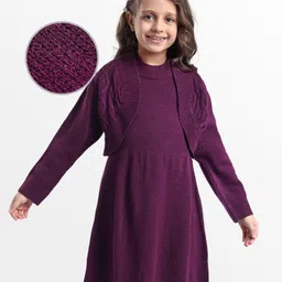 Hola Bonita Knitted Sweater Dress & Full Sleeves Woollen Shrug With Cable Knit Design - Plum-picture-33