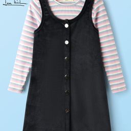 arias by lara dutta Arias Corduroy Knit Full Sleeves Inner Tee with Front Open Structure Dress with Stripes - Navy Blue-picture-15