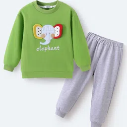 Mark & Mia Cotton Full Sleeves Winter Wear T-Shirt & Lounge Pant Set With Elephant Applique & Text Print - Green-picture-17