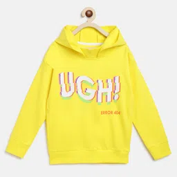 Tales & Stories Cotton Knit Full Sleeves Ugh Text Printed Light Winter Hooded Sweatshirt - Yellow-picture-12