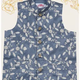 Little Bansi Mulberry Silk Woven Sleeveless Floral Embroidered Nehru Jacket - Grey-picture-23