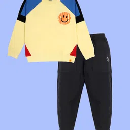Kiddopanti Fleece Knit Full Raglan Sleeves Cut & Sew Smiley Printed Light Winter Sweatshirt Joggers Set - Yellow & Black-picture-16