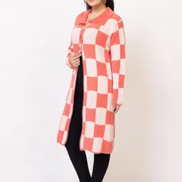 LASOON Women Checked Woollen Longline Cardigan with Fuzzy Detail image 4