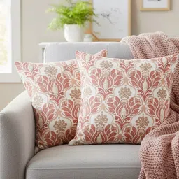 IZAAFA Cream-Coloured & Orange Set of 2 Floral Square Cushion Covers-picture-16