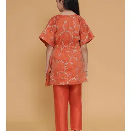 Piccolo Tissue Woven Half Batwing Sleeves Floral Embroidered & Sequins Embellished Kaftan Style Kurta With Pant Set - Orange image 3