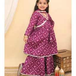 Vastrarth Cotton Three Fourth Sleeves Bandhani Printed Gota Lace Embellished Kurta Sharara With Dupatta Set - Purple image 4