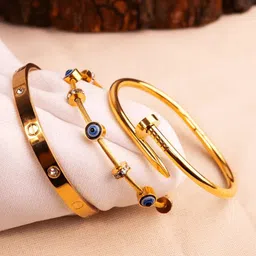 Estailo fashion Set Of 3 Alloy Gold-Plated Stones Studded Bangle-Style Bracelet-picture-43
