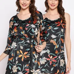 Clovia Black Printed Nighty With Robe-image-1