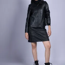 HUE & HIDE Women Camouflage Leather Longline Biker Jacket-image-4