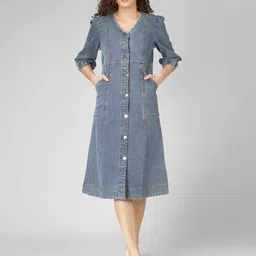 COSMIC TRIO V-Neck Puff Sleeve Denim A-Line Midi Dress-image-39
