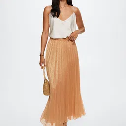 MANGO Women Orange Accordion Pleated Flared Maxi Skirt image 4