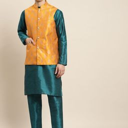 SOJANYA Men Teal Kurta with Pyjamas & Nehru Jacket-picture-2