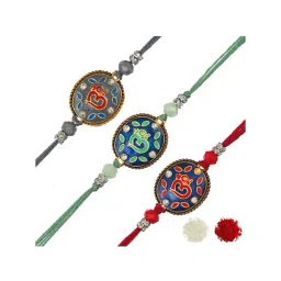 eCraftIndia Multicolor Semi Precious Om Religious Rakhis with Roli Chawal Pack - Set of 3 image 3