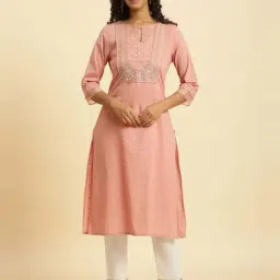 W Peach Cotton Embroidered Straight Kurta-image-3
