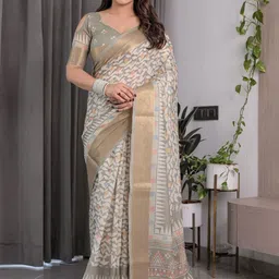 ALMAARI FASHION Floral Woven Design Zari Pure Cotton Banarasi Saree And Unstitched Blouse-picture-33