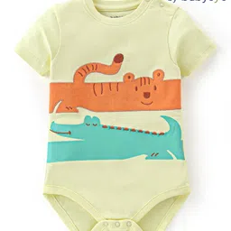 Babyoye 100% Organic Cotton with Eco Jiva Finish Solid Dyed Half Sleeves Onesies Tiger & Crocodile Embroidery - Yellow-picture-29