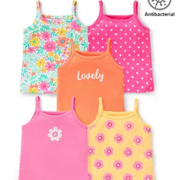 Babyhug 100% Cotton Knit Anti Bacterial Sleeveless Slips with Floral and Polka Dots Print Pack of 5 - Multicolor-picture-35