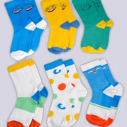 KUCHIPOO Pack Of 6 Emoji Printed Socks - Blue Yellow Green White & Orange-picture-18