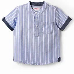 Babyhug 100% Cotton Half Sleeves Striped Shirt With Mandarin Collar - Blue image 1